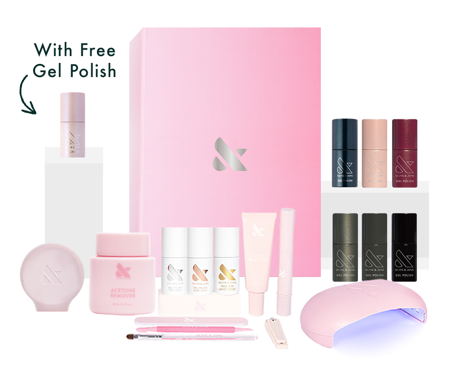Winter Gel System 2025 showing complete gel manicure kit with six seasonal gel polish shades and LED lamp for at-home use