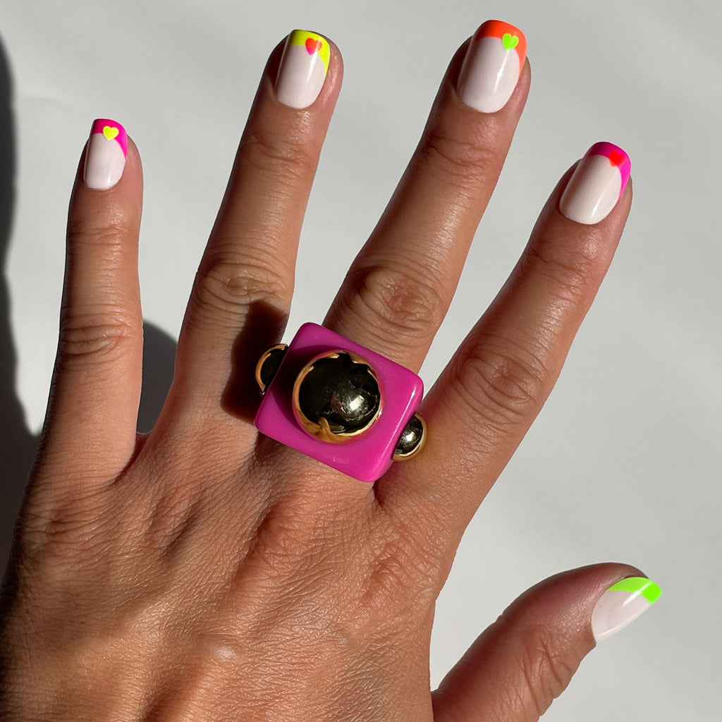 Neon Heart French | Squoval | Extra Short press-on nails with neutral base, neon tips, and bright heart designs for a stylish mani