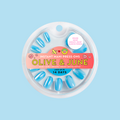 Axolotl Velvet Illusion French - Press-On | Short | Round showing shimmering blue velvet false nails with subtle French tips for mani.