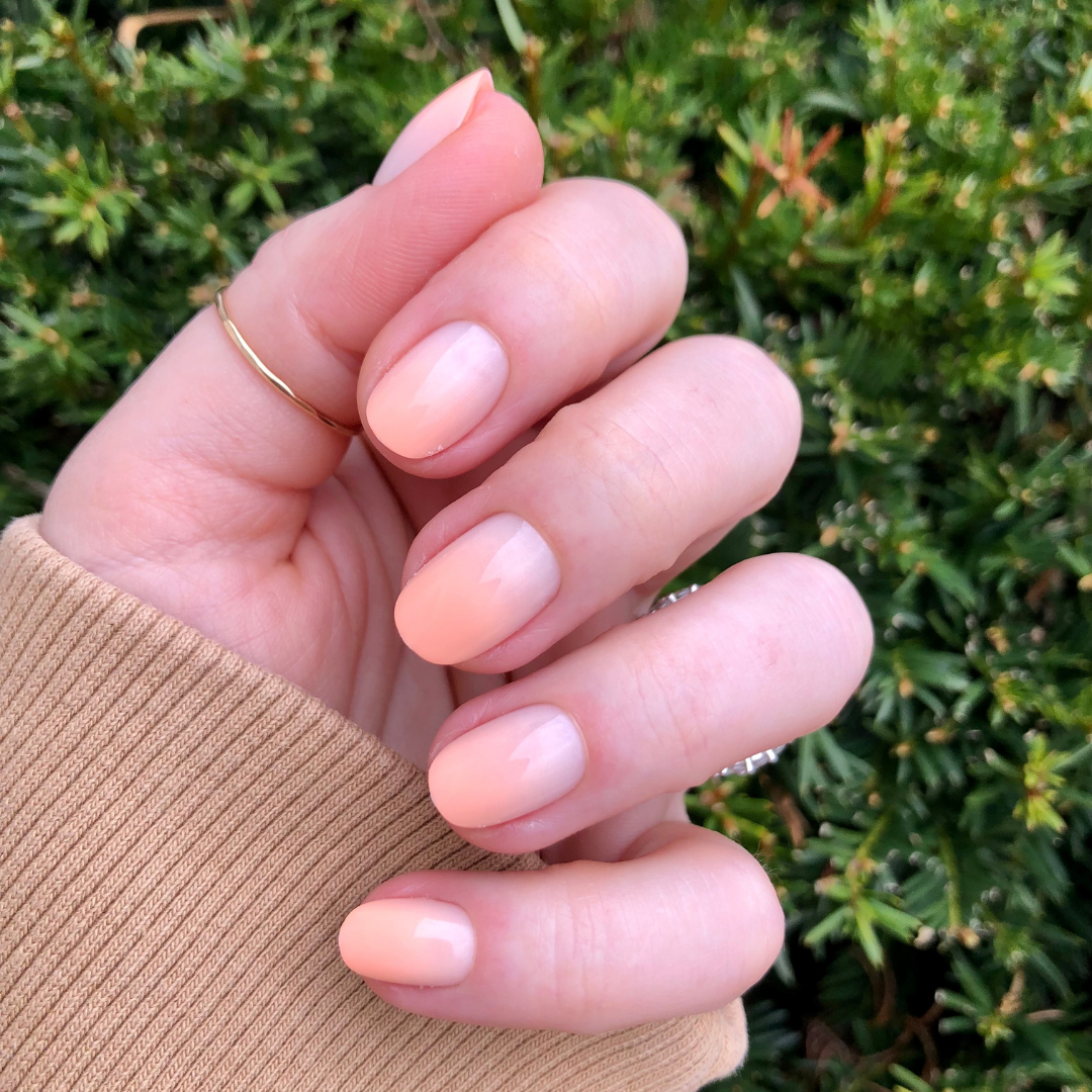 BI Syrup Gradient - Press-On | Extra Short | Round showing hand with extra short round false nails in peachy pastel gradient mani outdoors