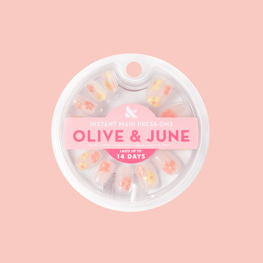 Blooming Floral - Press-On | Short | Squoval sheer neutral nails with delicate blooming floral designs for quick at-home mani