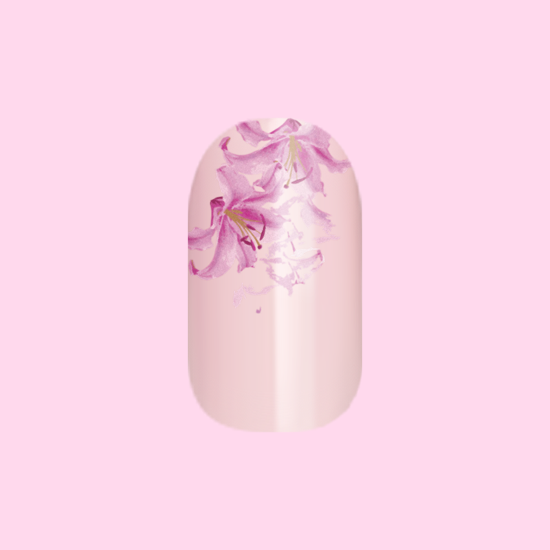Blooming Lily - Press-On | Short | Round showing pale pink false nail with delicate shattered lily floral design manicure