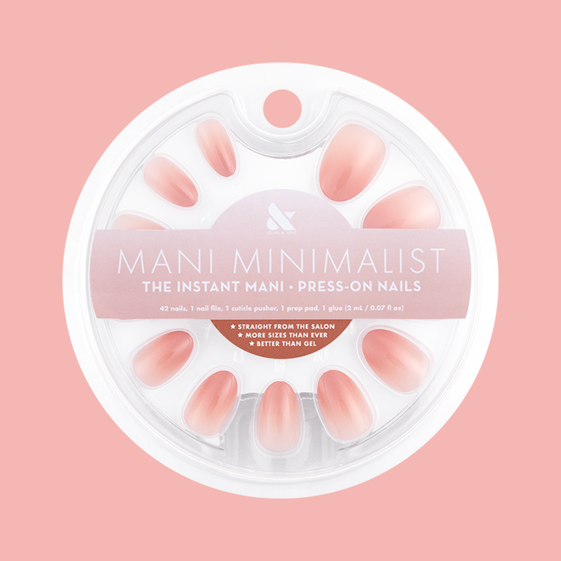 Blush Syrup Gradient - Press-On | Short | Almond showing short almond false nails in warm tawny blush gradient in packaging