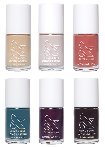 Bonus Fall Long-Lasting Polish Set featuring six fall-inspired long-lasting nail polish shades by Olive and June