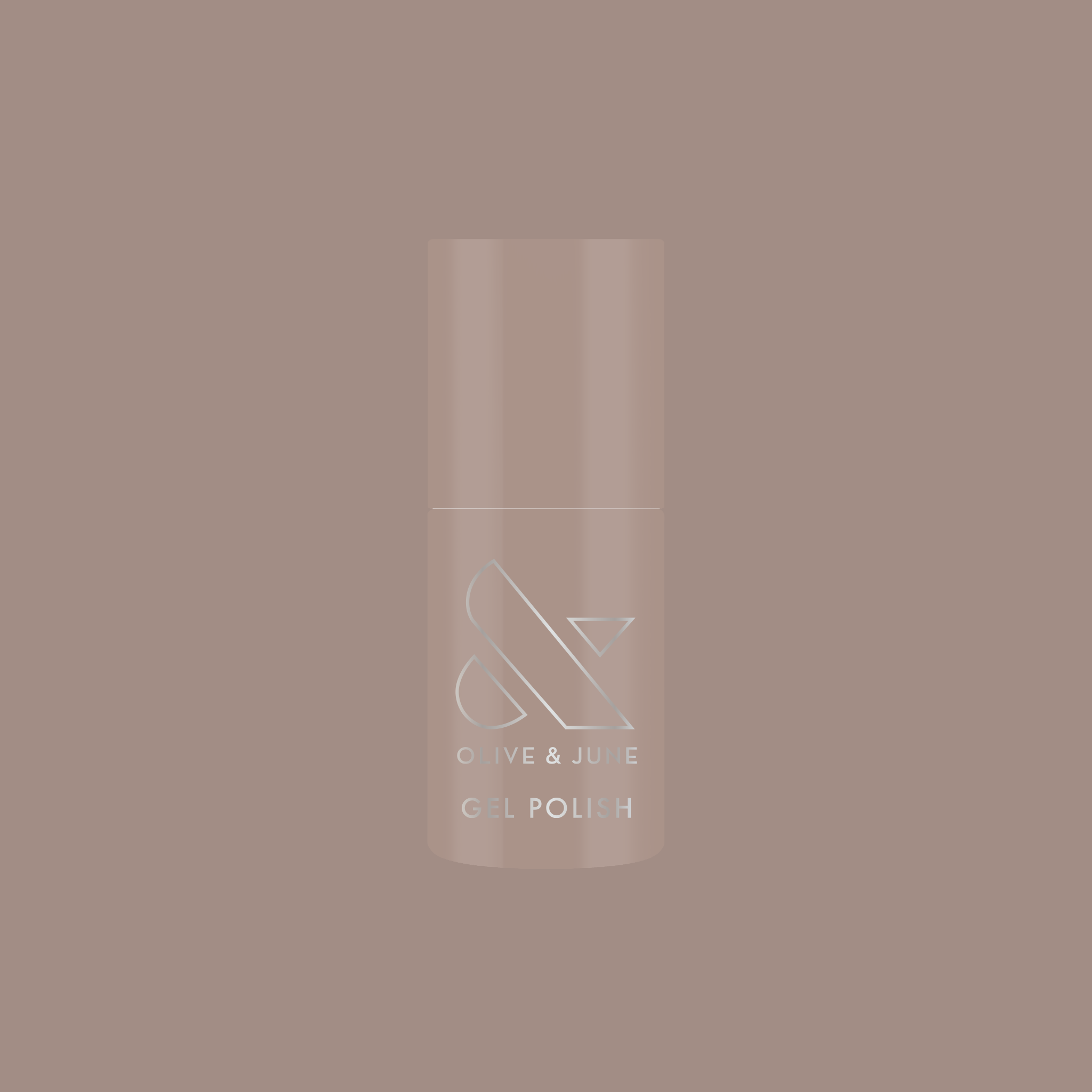 Bottle of AW - Gel polish in warm grey shade for chic, long-lasting manicure by Olive and June on muted background