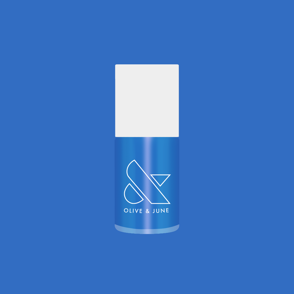 Blue nail polish bottle with white cap and Olive & June logo for Friend or Anemone? quick dry manicure option