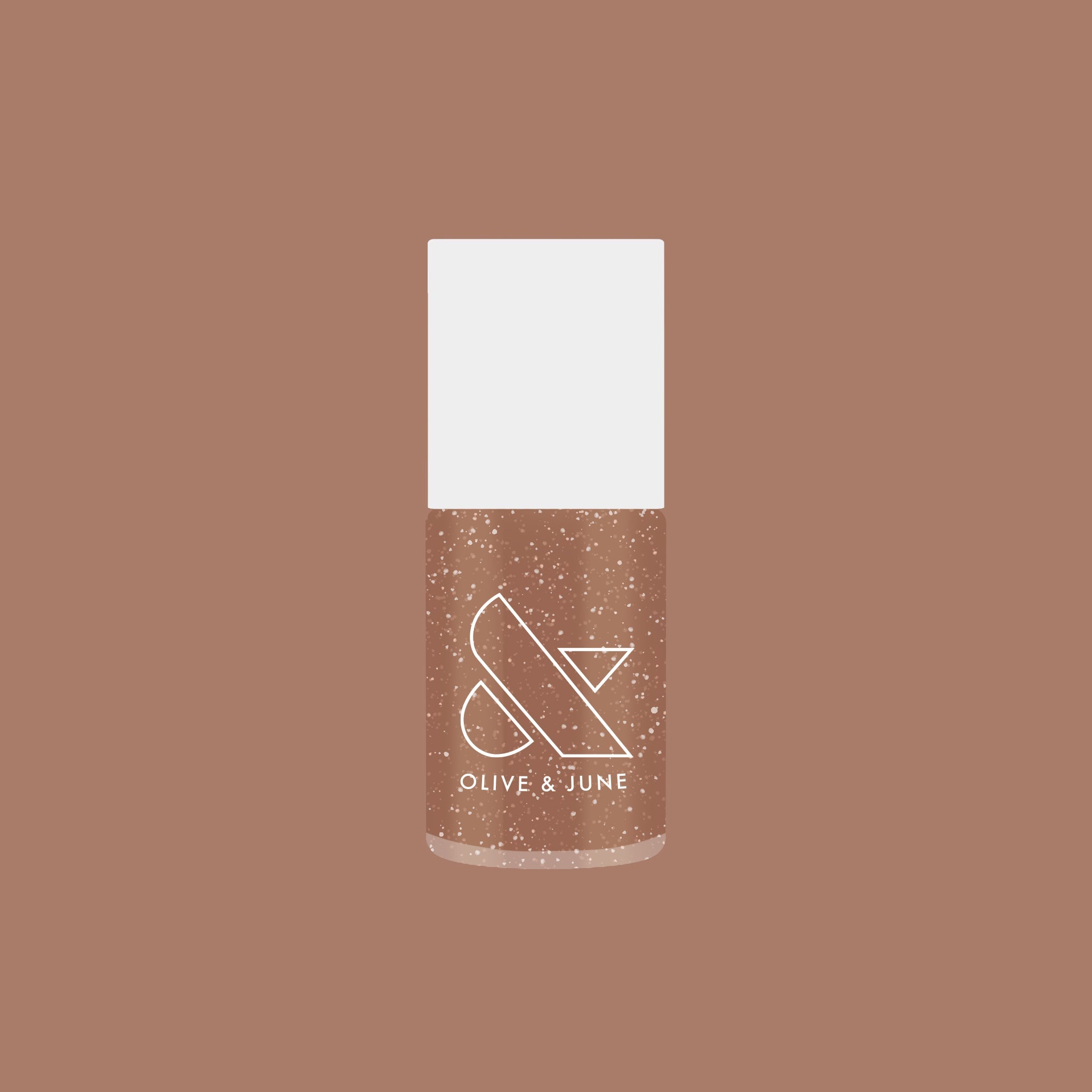 Olive and June bottle of Coconut Shimmer Gloss gel polish with warm chestnut base and silver shimmer on brown background