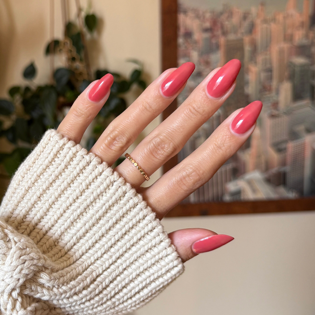 Boysenberry Glass gel polish on almond-shaped nails showing a layered berry jelly manicure by Olive and June