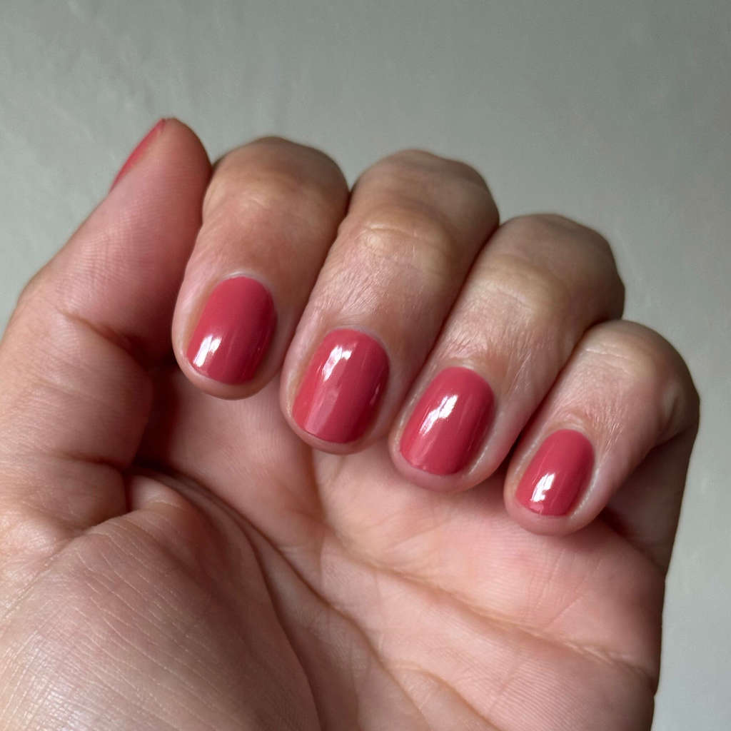 Boysenberry Glass gel polish on short nails showing a glossy sheer berry shade for an easy at-home mani by Olive and June