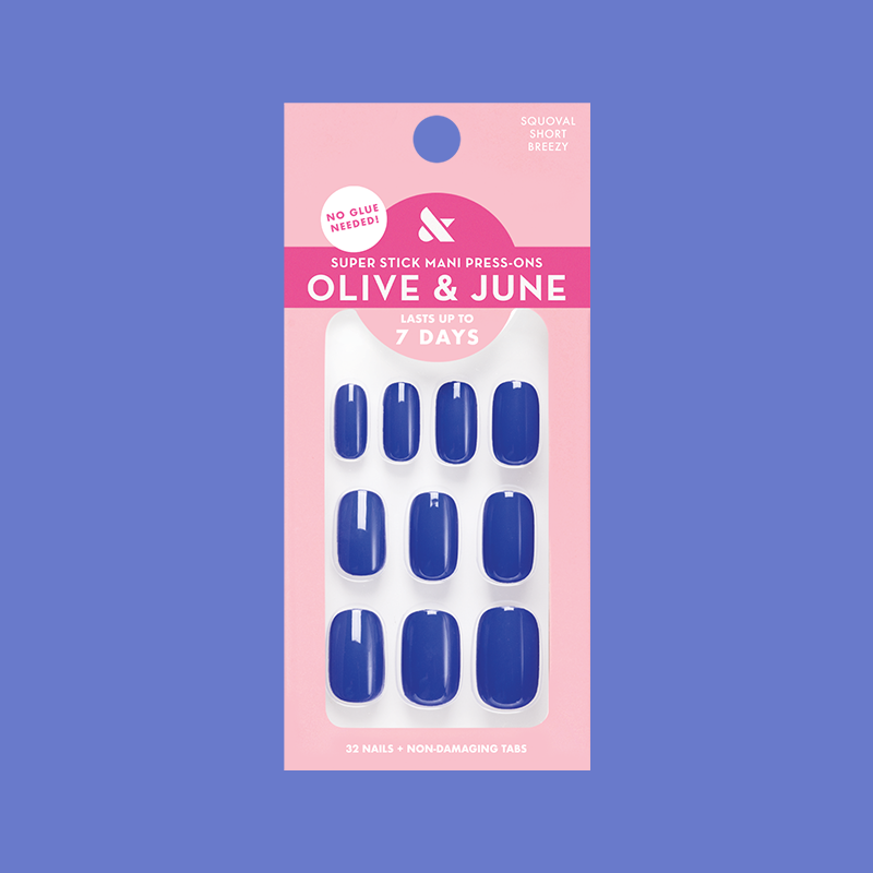 Breezy | Short | Squoval - Tab Press-On nails in bright cobalt blue for easy at-home mani with long-lasting tabs