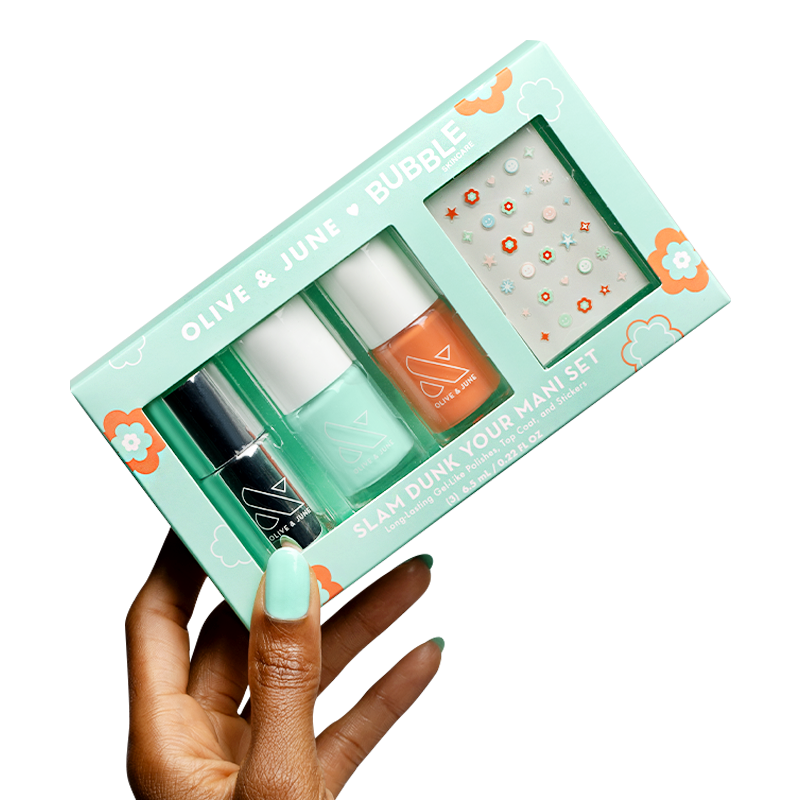 Slam Dunk Set with three vibrant mini gel polishes and floral nail art stickers for easy at-home manicure and nail polish application