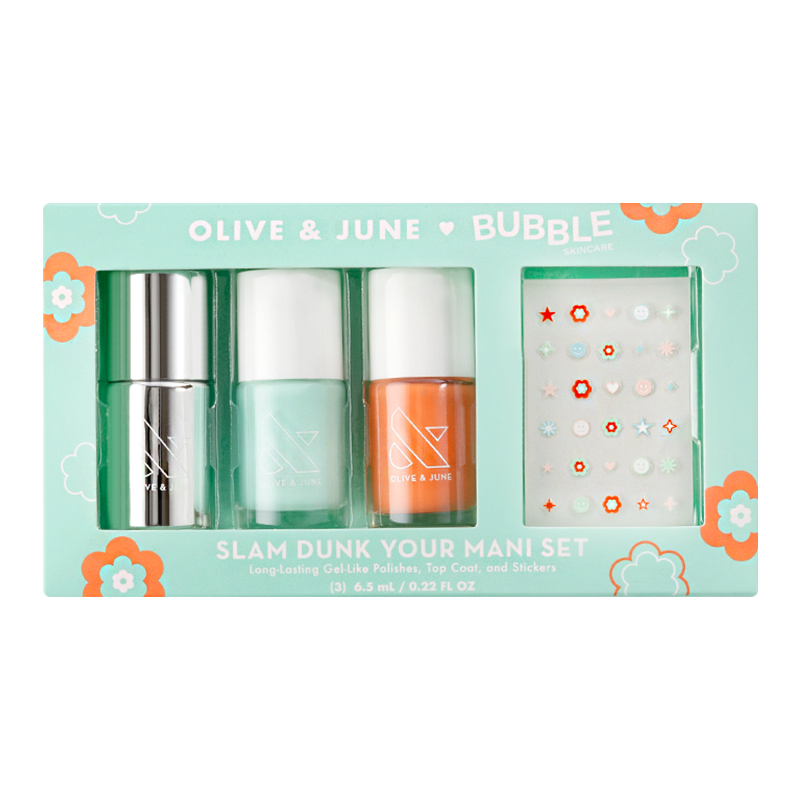 Slam Dunk Set with three vibrant mini gel polishes, bestselling top coat, and colorful nail art stickers for easy mani