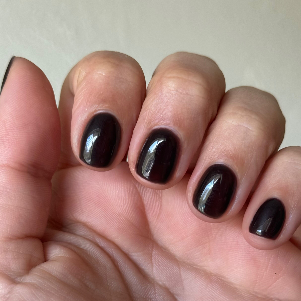 CN - Gel on short nails featuring a deep dark chocolate silky manicure for a smooth long-lasting mani by Olive and June