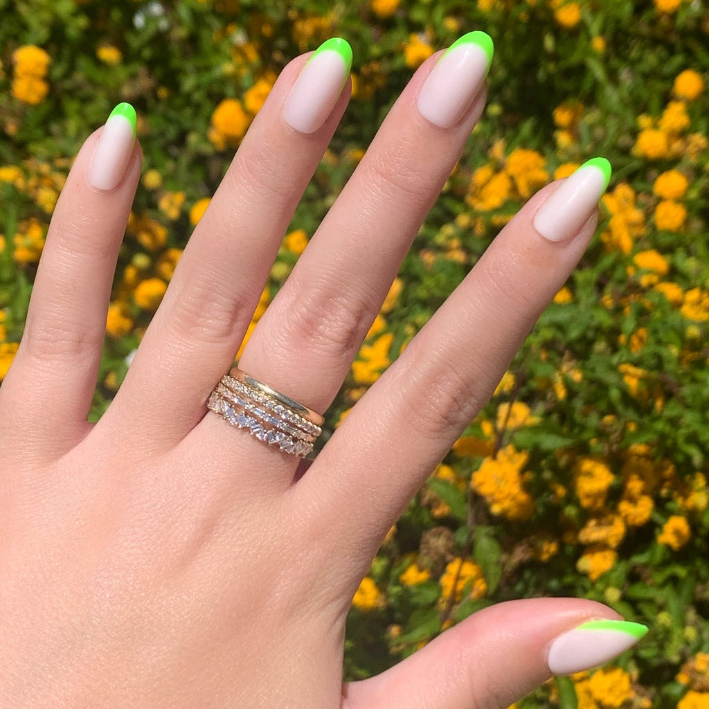 Neon Lime French | Oval | Medium press on nails with neutral base and bright neon lime tips for a fresh at home mani