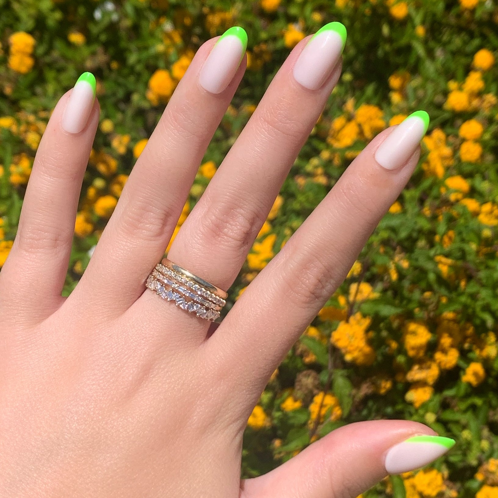 Neon Lime French | Oval | Medium press on nails with neutral base and bright neon lime tips for a fresh at home mani