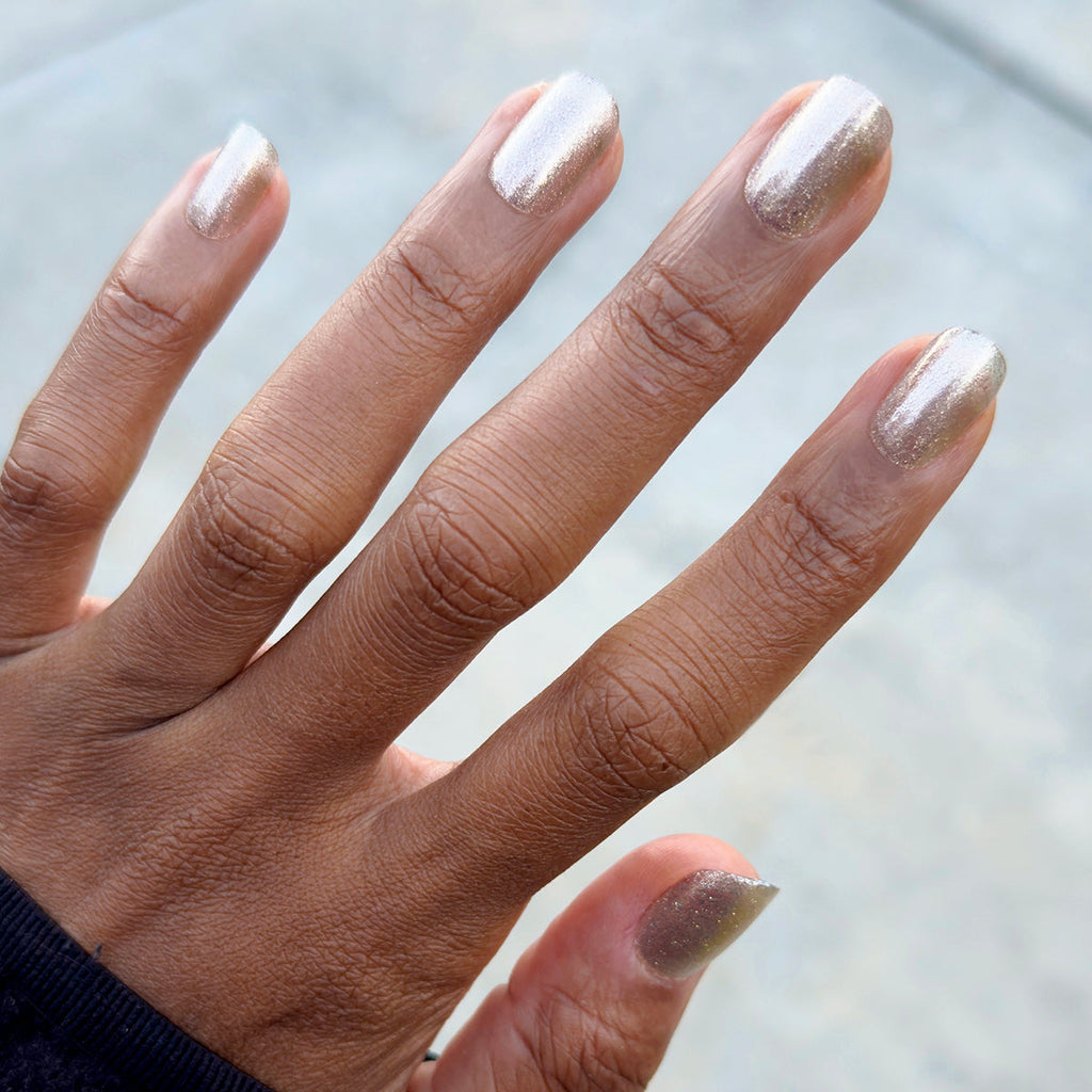 Hand with Candy Wrapper - Press-On | Short | Squoval crushed metallic silver foil shimmer false nails manicure