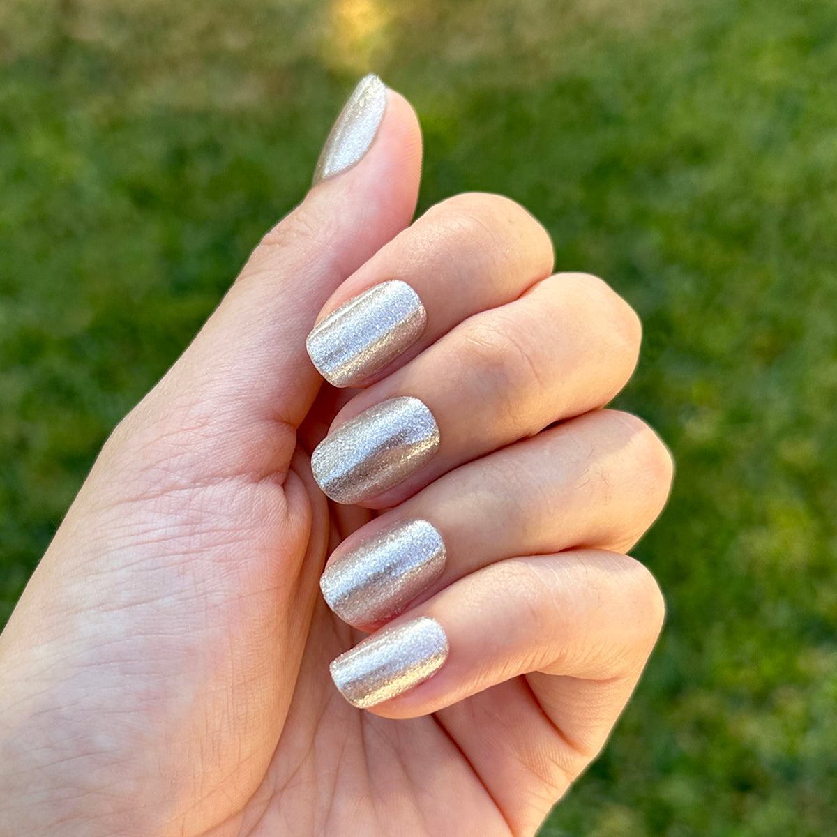 Hand with Candy Wrapper - Press-On | Short | Squoval metallic crushed silver foil shimmer false nails manicure