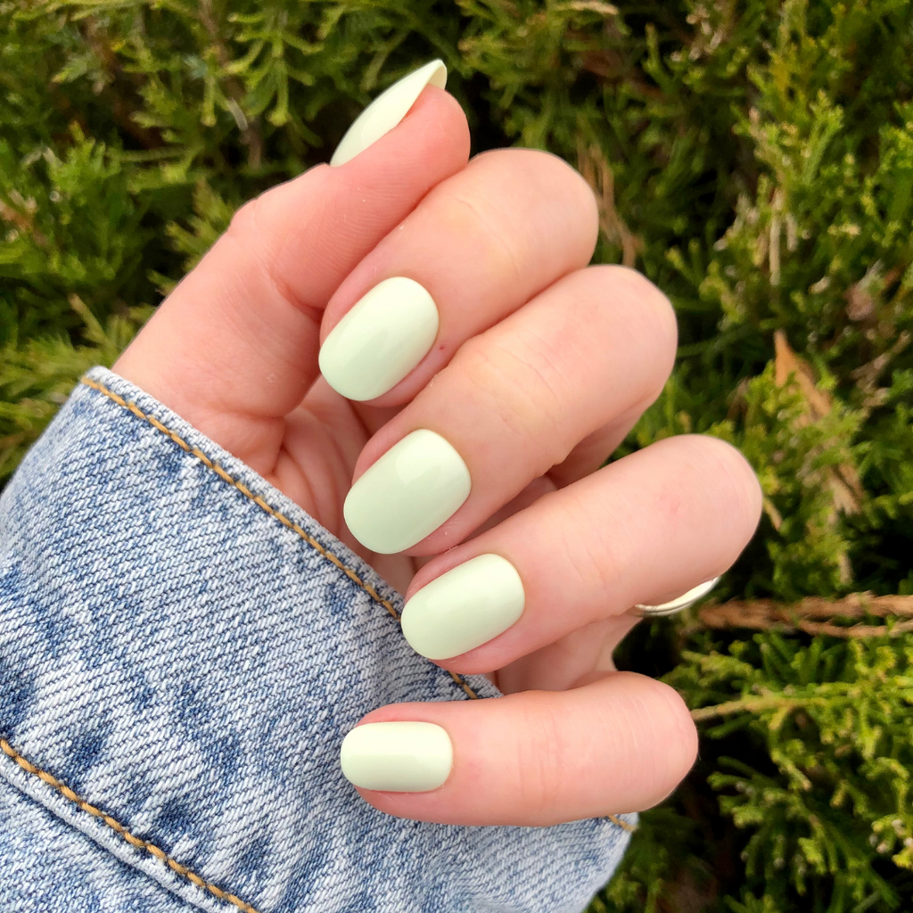 Corrigan | Extra Short | Round - Tab Press-On nails in soft mint green for easy, at-home manicure with a smooth finish