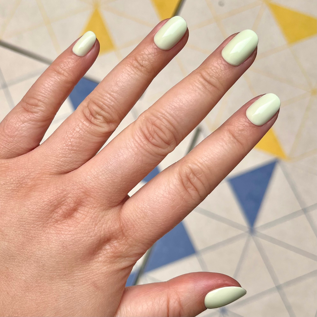 Corrigan | Extra Short | Round - Tab Press-On nails in soft pastel mint green for easy at-home mani and quick application