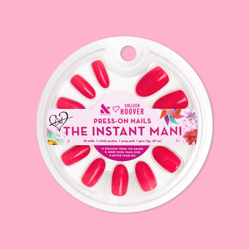 Diner Date - Press-On | Medium | Oval showing bright pink medium oval false nails in clear circular packaging on pink background