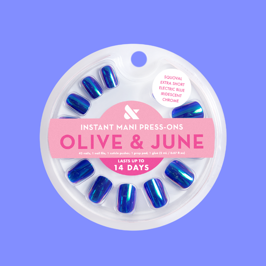 Electric Blue Iridescent Chrome - Press-On | Extra Short | Squoval vivid blue iridescent chrome false nails for easy at-home mani