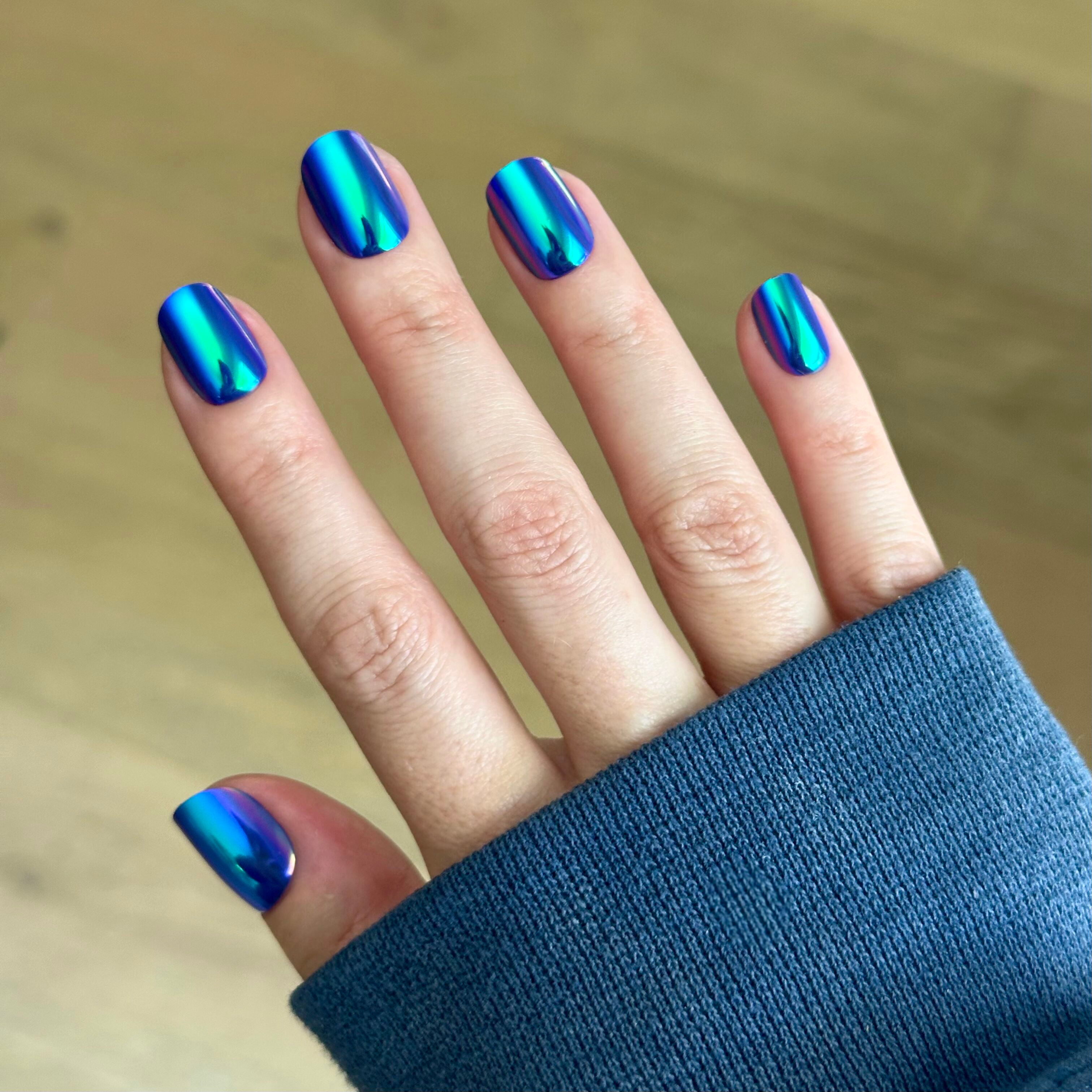 Electric Blue Iridescent Chrome - Press-On | Extra Short | Squoval vibrant blue iridescent chrome false nails for quick at home mani