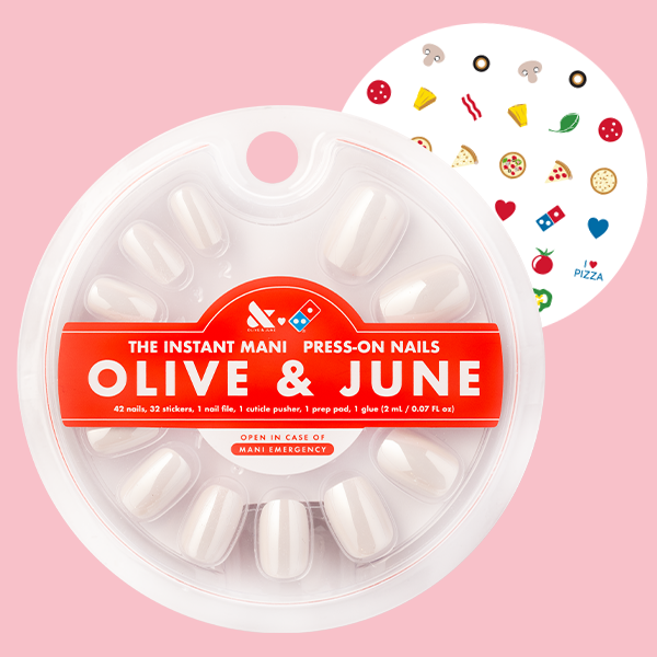 White Chrome - Press-On | Extra Short | Squoval off-white chrome false nails with pizza-themed nail art stickers in round case