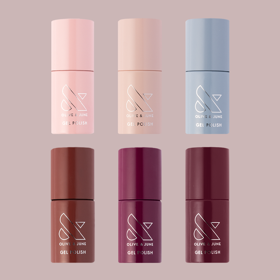 Fall Bestsellers Gel Set showing six muted gel polish bottles in soft and rich tones for lasting at-home manicures