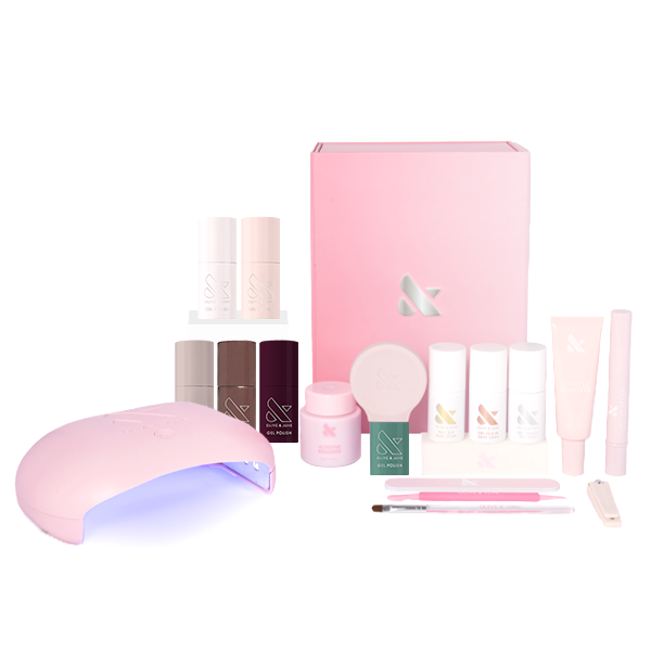 Fall Gel System featuring six seasonal gel polish shades with LED lamp and essential tools for durable at-home manicures