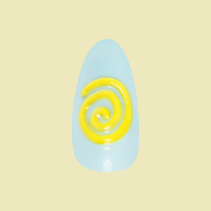 Fun Zone - Press-On | Medium | Almond nail with light blue base and raised yellow spiral design for a playful manicure