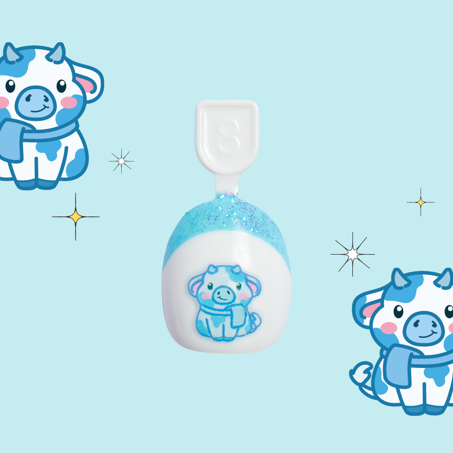 Fuzzy Winter Cow French - Pressies | Extra Short Short | Round showing blue and white false nail with cute cow design and glitter tip