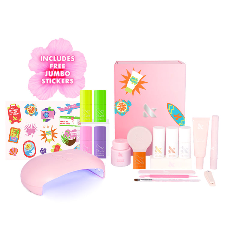 Gel Brights System featuring neon-inspired gel polish, LED lamp, base coat, and jumbo stickers for vibrant at home mani