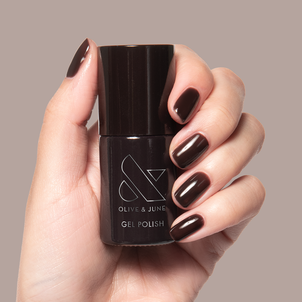 CN - Gel polish on short nails showing a rich silky sable brown manicure by Olive and June