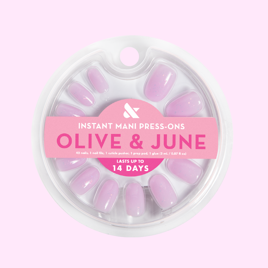 Glitter Cowgirl - Press-On | Short | Round milky lavender false nails with holographic flakes for easy at-home mani
