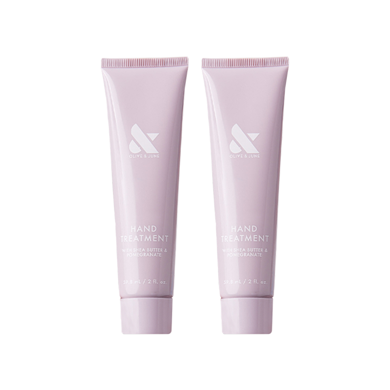 Hand Treatment Duo with Shea Butter and Pomegranate in soft pink tubes for hydrating and renewing hands