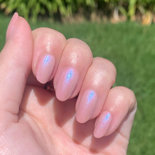 Apple Cider Glazed Donut Set showing glossy soft pink manicure with iridescent shimmer for an easy at-home mani by Olive and June