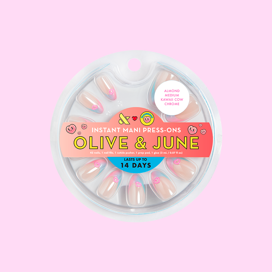 Kawaii Cow Chrome French - Press-On | Medium | Almond showing medium almond false nails with pink chrome French tips and 3D heart accents