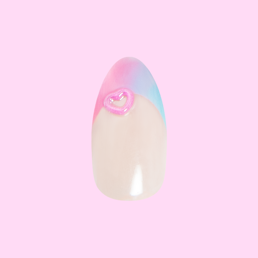 Kawaii Cow Chrome French - Press-On | Medium | Almond showing false nail with tie dye chrome French tip and 3D pink heart detail