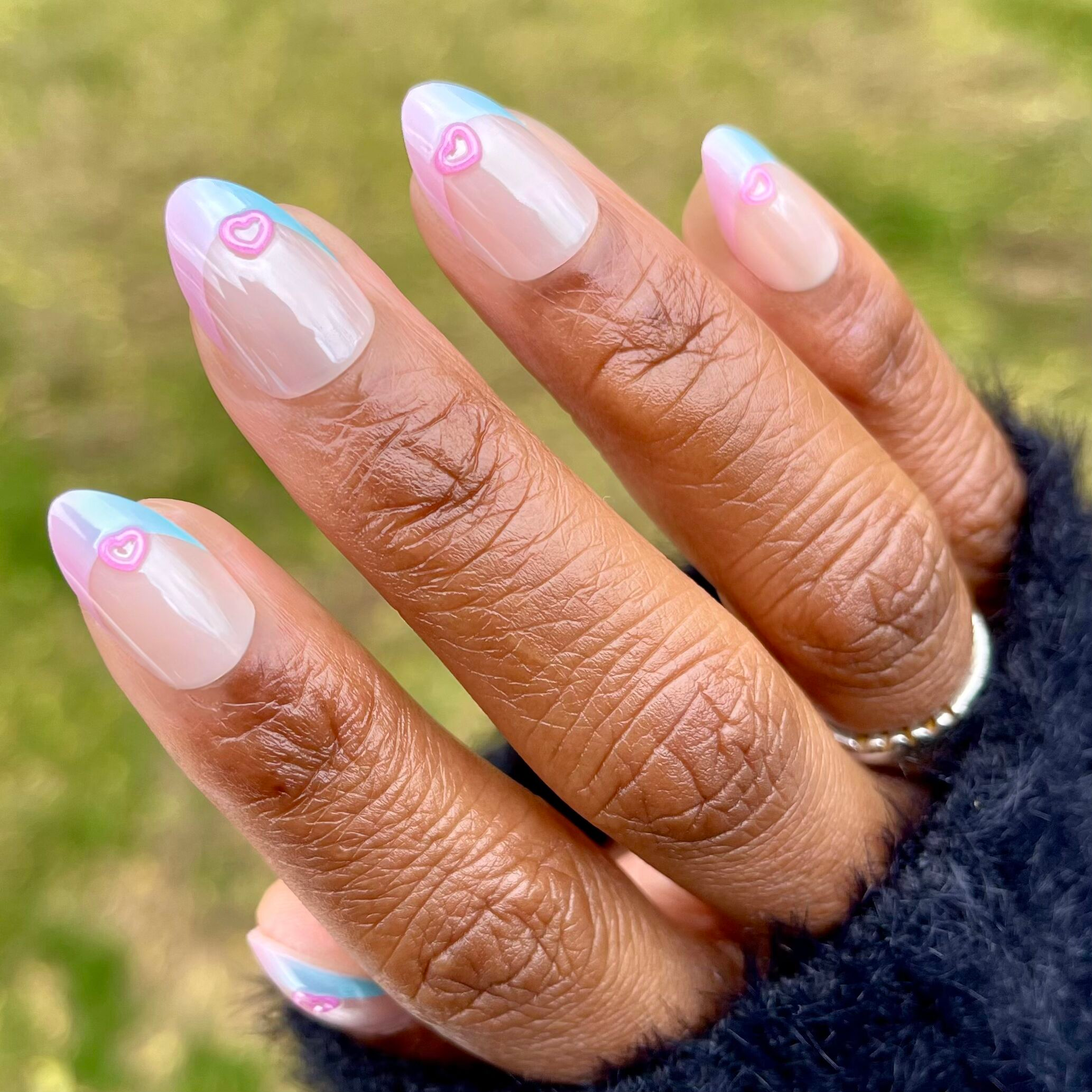 Kawaii Cow Chrome French - Press-On | Medium | Almond showing nails with tie dye chrome tips and 3D pink heart accents