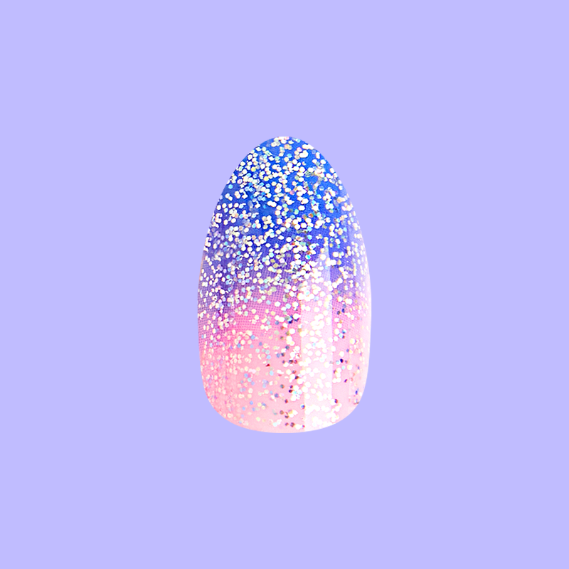 Major Glitter Gradient - Press On | Medium | Almond showing blue to pink flash glitter gradient false nail in almond shape