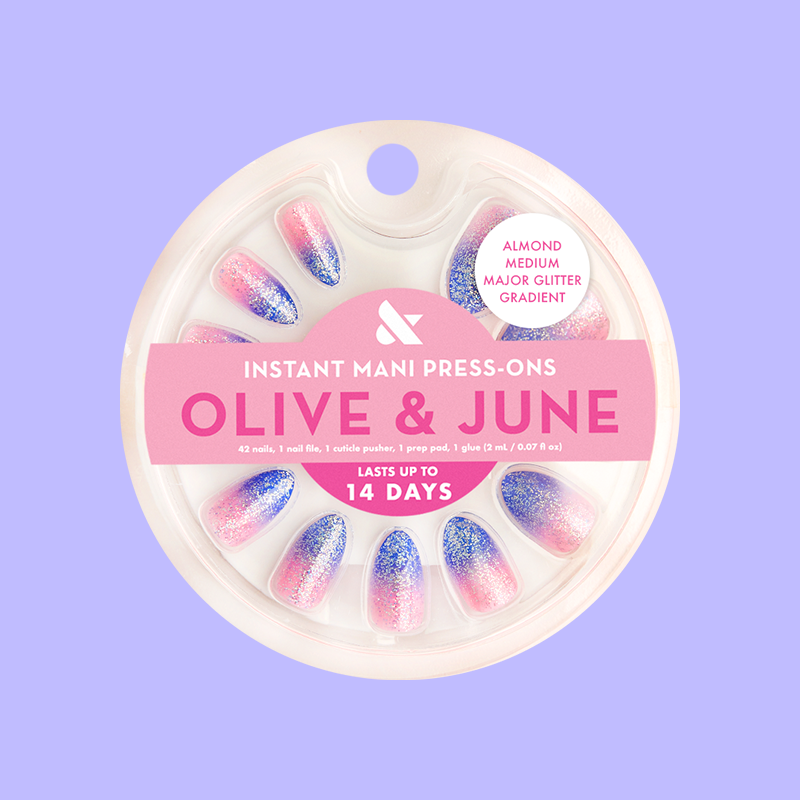 Major Glitter Gradient - Press On | Medium | Almond showing blue and pink flash glitter gradient press-on nails in medium almond shape
