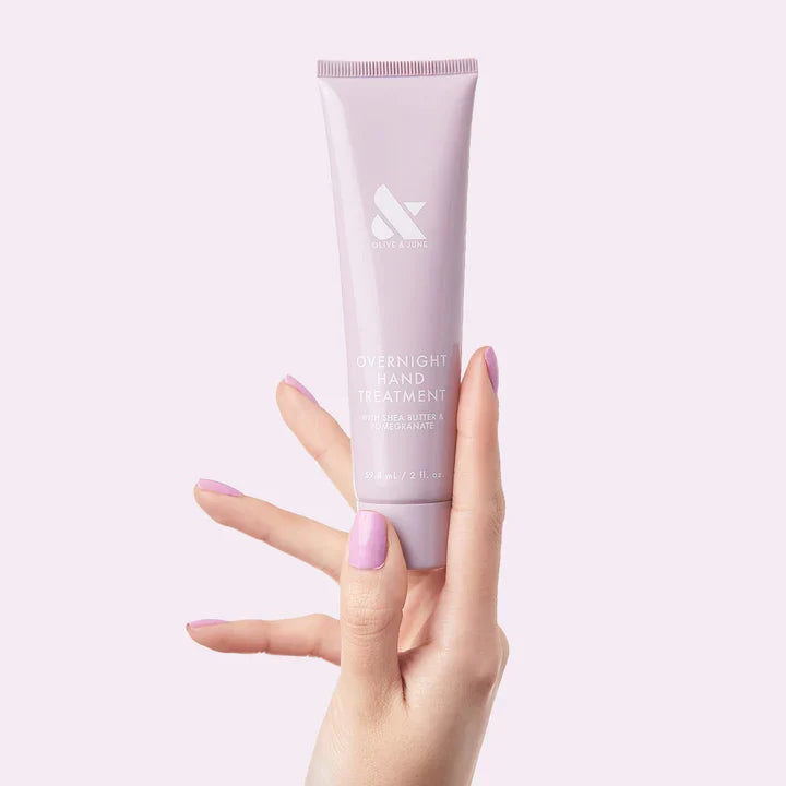 Hand Treatment Duo in soft pink tube held by hand with glossy manicure for hydrating and renewing skin care routine