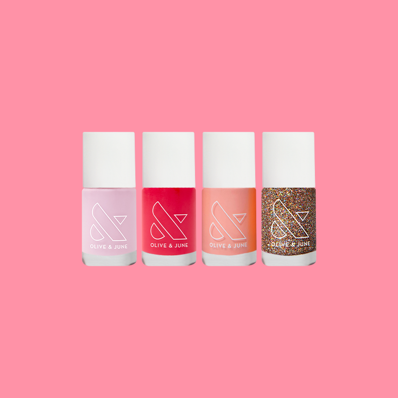 Mini Bold Set featuring four vibrant nail polishes including pinks, coral, and glitter for fun at-home manicures