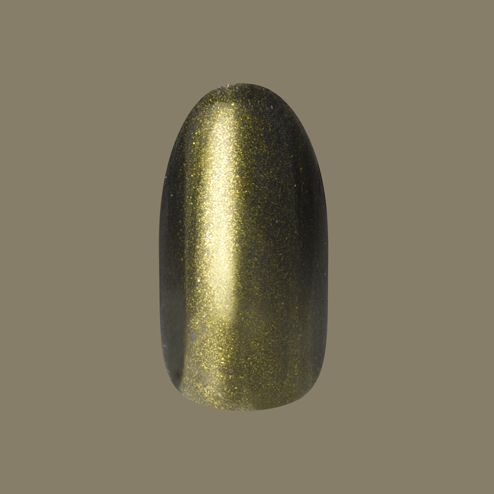 Martini Chrome - Press-On | Medium | Oval nail showing deep olive green with golden chrome shimmer finish