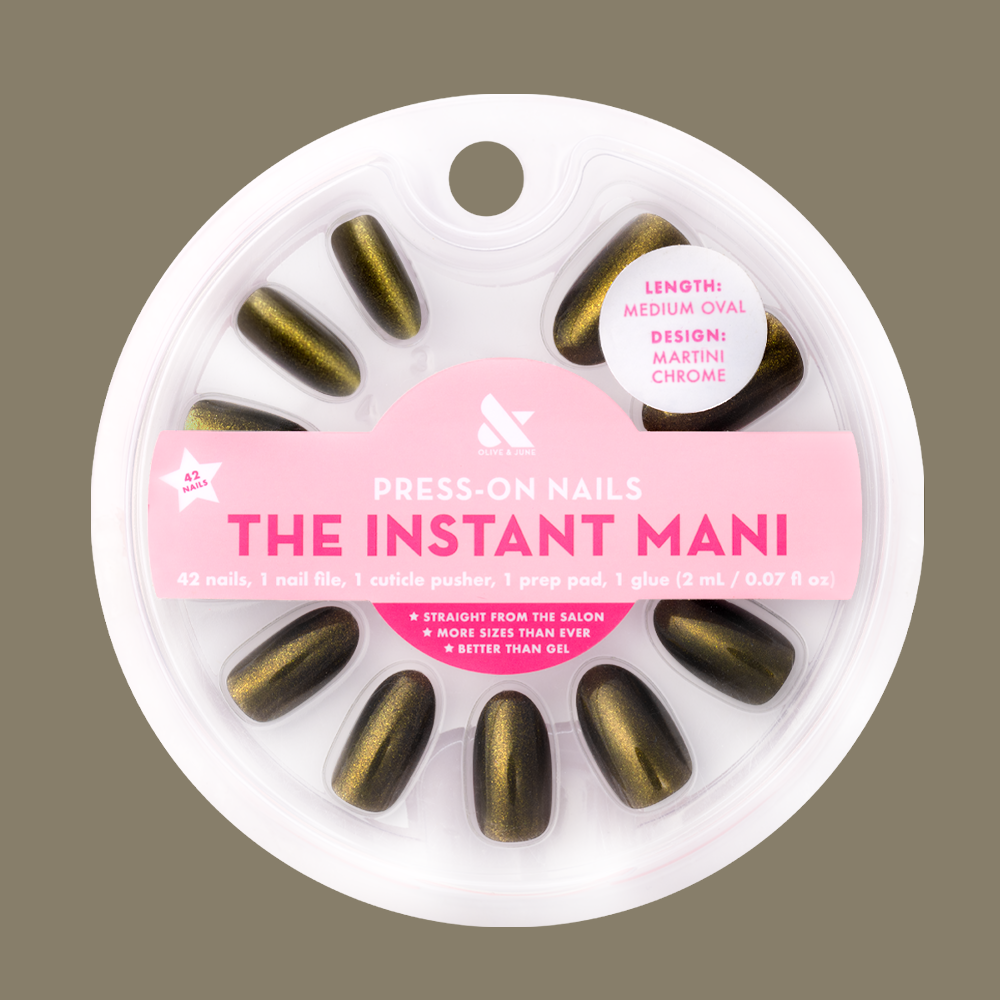 Martini Chrome - Press-On | Medium | Oval deep olive green nails with golden chrome shimmer in press-on manicure set