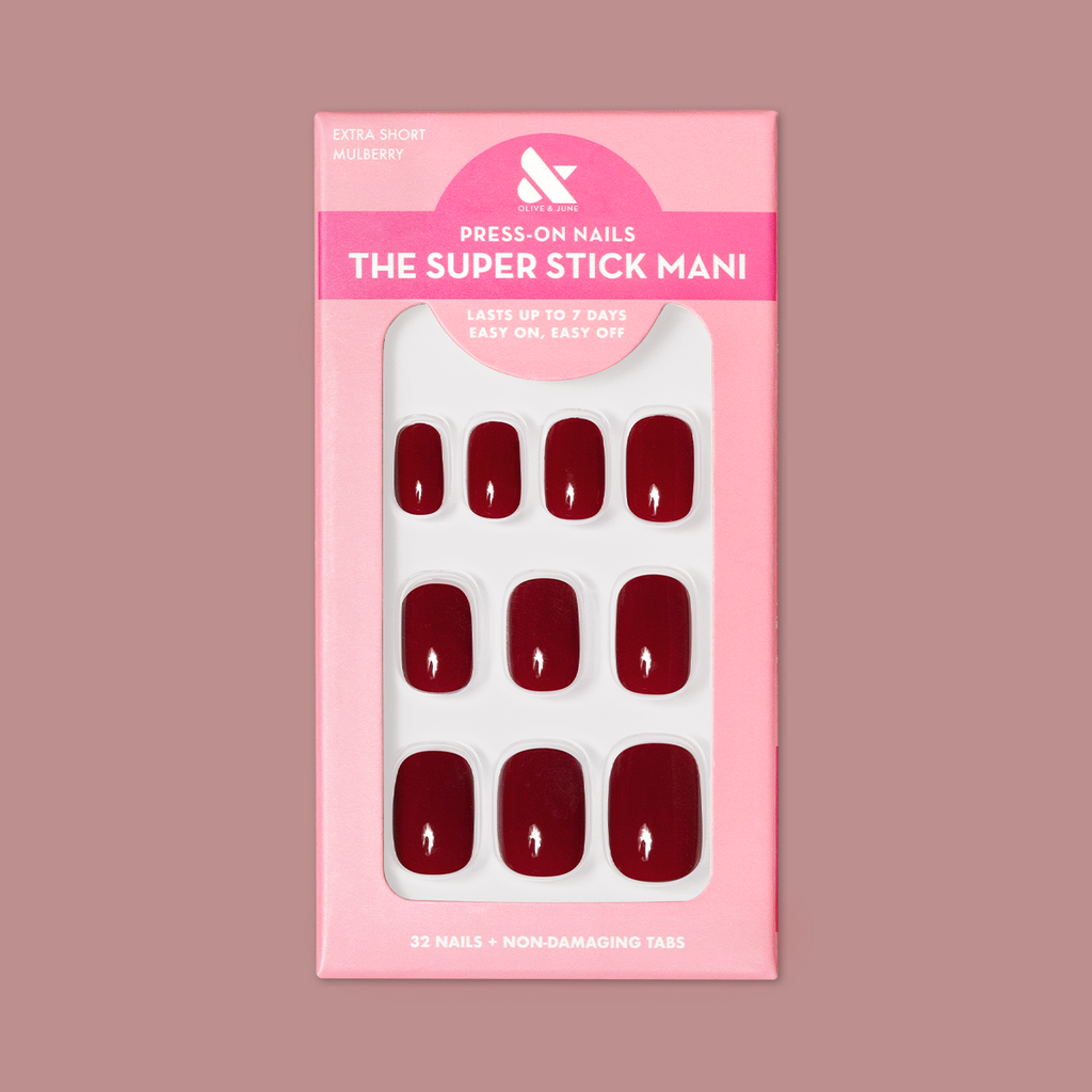 Mulberry | Extra Short | Squoval - Tab Press-On nails in deep plummy maroon shade with glossy finish in pink packaging