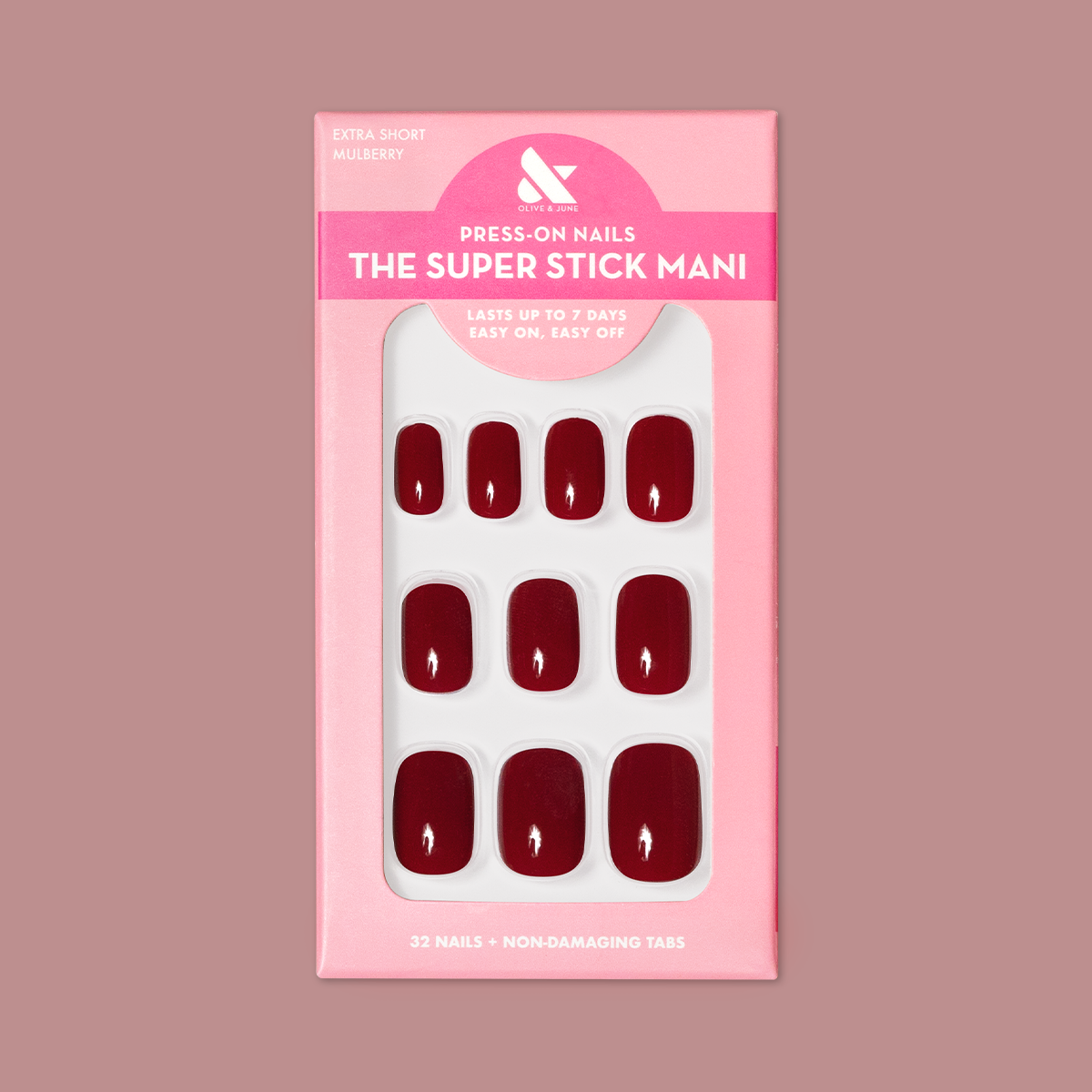 Mulberry | Extra Short | Squoval - Tab Press-On nails in deep plummy maroon shade with glossy finish in pink packaging