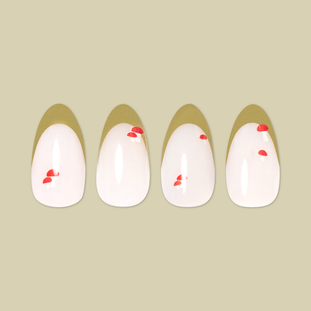 Mushroom Fall French - Press-On | Medium | Almond nails with minimalist mushroom accents on white and olive french tips set