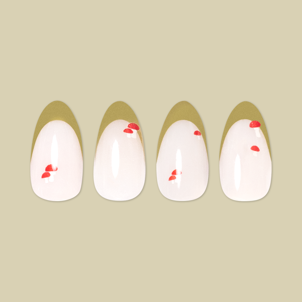 Mushroom Fall French - Press-On | Medium | Almond nails with minimalist mushroom accents on white and olive french tips set