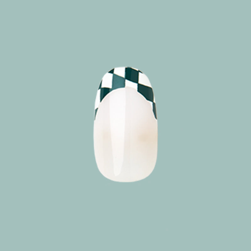 Checkerboard French - Press-On | Short | Round single nail with black and white checkered French tip on a clear base